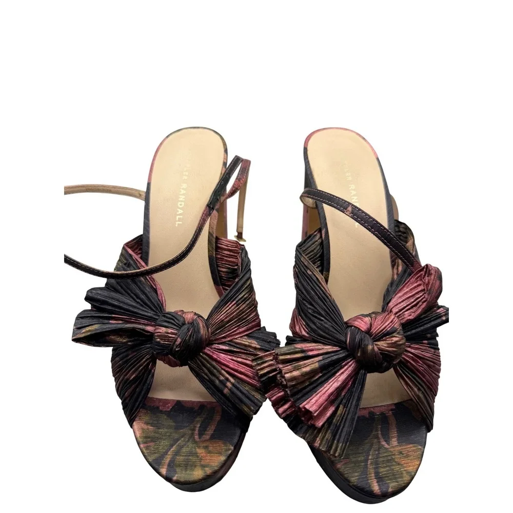Loeffler Randall Natalia Floral Lame Pleated Bow Platform Sandals Pink Black 9B